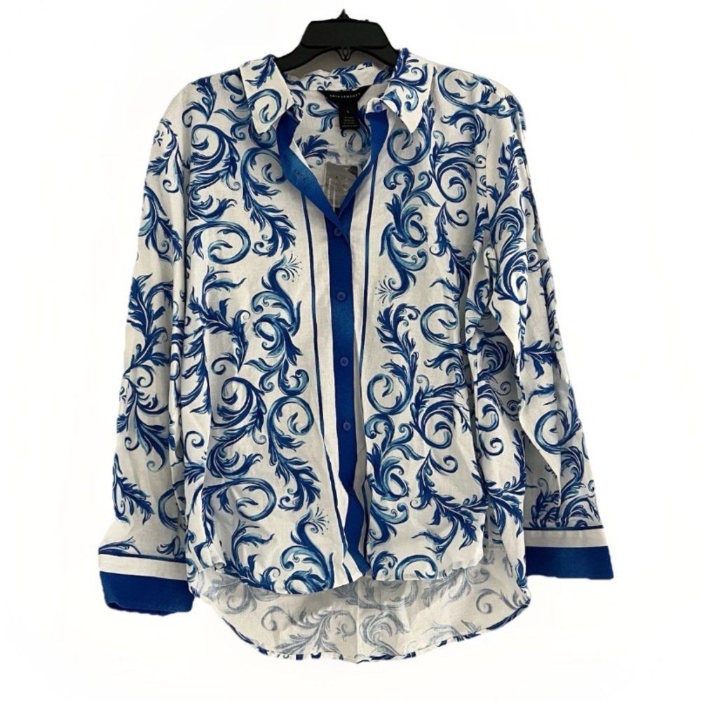 Investment Linen Button Down Shirt Blue White Scroll Print NWT Size L
